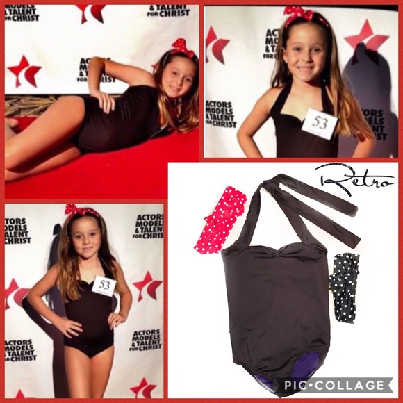 🖤Black Retro One Pc Swimsuit & Headbands Sz 8🖤 - Picture 1 of 4